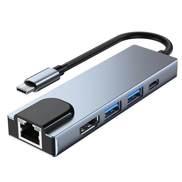 Tech-Protect V3 5in1 dokkoló USB-C - USB-A 3.0 / USB-A 2.0 / USB-C / HDMI / RJ45 - szürke