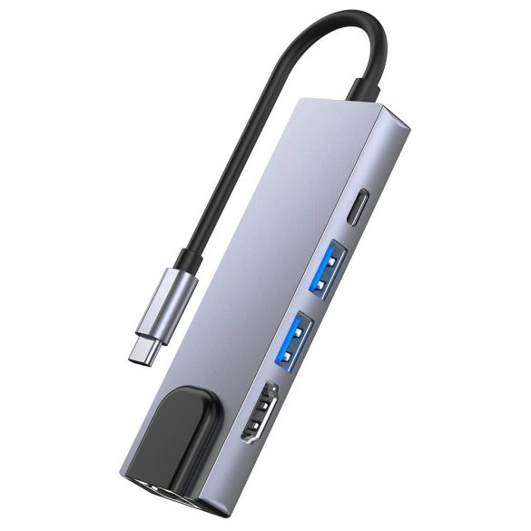 Tech-Protect V3 5in1 dokkoló USB-C - USB-A 3.0 / USB-A 2.0 / USB-C / HDMI / RJ45 - szürke