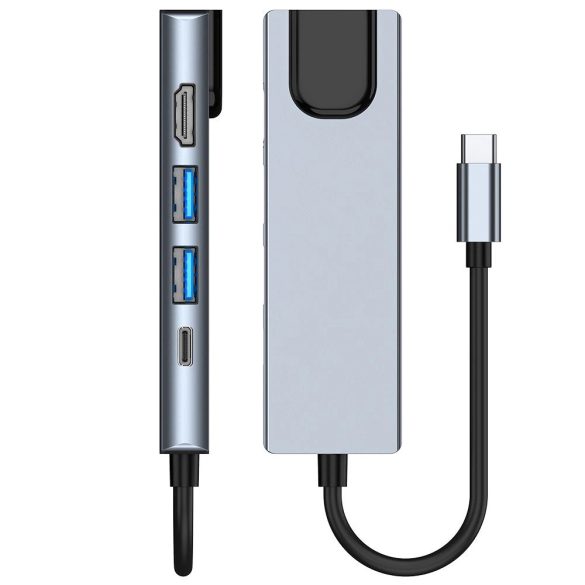 Tech-Protect V3 5in1 dokkoló USB-C - USB-A 3.0 / USB-A 2.0 / USB-C / HDMI / RJ45 - szürke