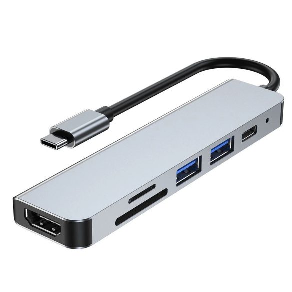 Tech-Protect V4 6in1 dokkoló USB-C - USB-A 3.0 / USB-A 2.0 / USB-C / HDMI / micro SD / TF / SD kártyaolvasó - szürke