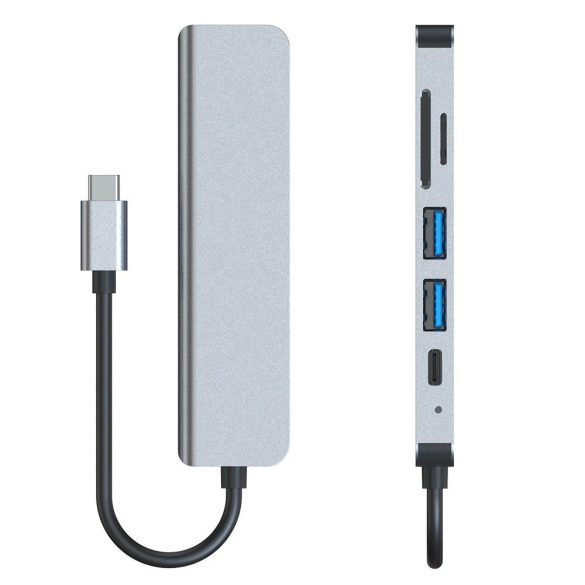 Tech-Protect V4 6in1 dokkoló USB-C - USB-A 3.0 / USB-A 2.0 / USB-C / HDMI / micro SD / TF / SD kártyaolvasó - szürke