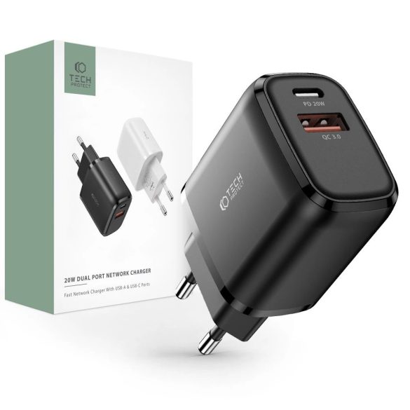 Tech-Protect C20W hálózati töltő 1xUSB-A és 1xUSB-C csatlakozással 20W PD QC - fekete