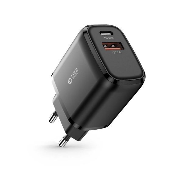 Tech-Protect C20W hálózati töltő 1xUSB-A és 1xUSB-C csatlakozással 20W PD QC - fekete