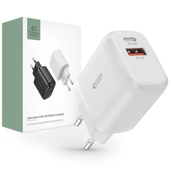 Tech-Protect C20W hálózati töltő 1xUSB-A és 1xUSB-C csatlakozással 20W PD QC - fehér