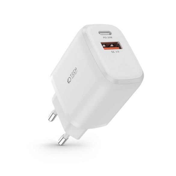 Tech-Protect C20W hálózati töltő 1xUSB-A és 1xUSB-C csatlakozással 20W PD QC - fehér