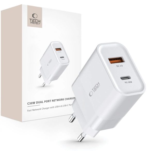 Tech-Protect C30W hálózati töltő 1xUSB-A és 1xUSB-C csatlakozással 30W PD QC - fehér