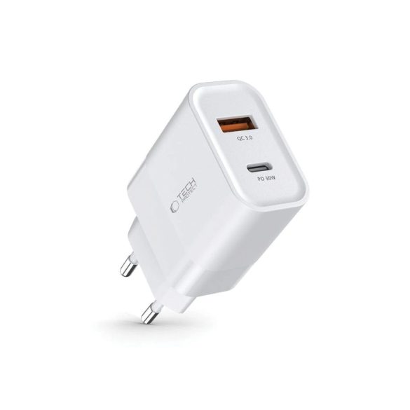 Tech-Protect C30W hálózati töltő 1xUSB-A és 1xUSB-C csatlakozással 30W PD QC - fehér