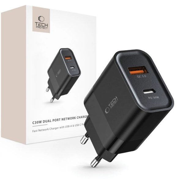 Tech-Protect C30W hálózati töltő 1xUSB-A és 1xUSB-C csatlakozással 30W PD QC - fekete