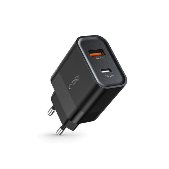 Tech-Protect C30W hálózati töltő 1xUSB-A és 1xUSB-C csatlakozással 30W PD QC - fekete