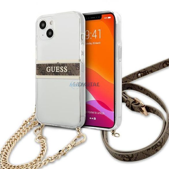 Guess GUHCP13SKC4GBGO iPhone 13 mini 5,4 „Átlátszó kemény tok 4G Barna Szíj aranylánc