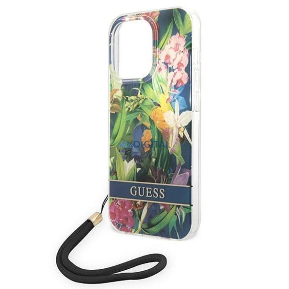 Guess GUOHCP14LHFLSB iPhone 14 Pro 6,1" kék keménytok virágos pántos tok