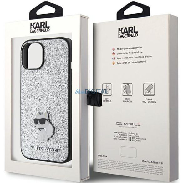 Karl Lagerfeld KLHCP15SGCNPSG iPhone 15 6.1" ezüst/ezüst keménytok Fix Glitter Choupette Logo fém kitűző