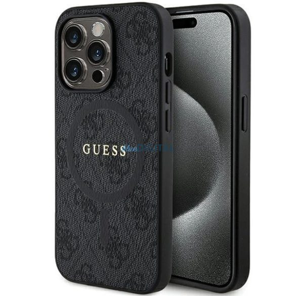 Guess 4G Collection bőr fém logós MagSafe tok iPhone 14 Pro - Fekete