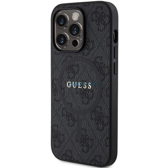 Guess 4G Collection bőr fém logós MagSafe tok iPhone 14 Pro - Fekete