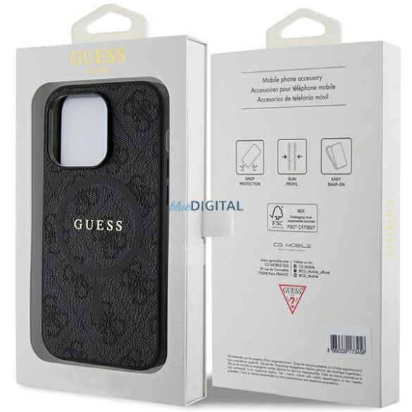 Guess 4G Collection bőr fém logós MagSafe tok iPhone 14 Pro - Fekete