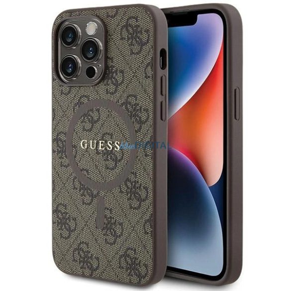 Guess 4G Collection bőr fém logós MagSafe tok iPhone 14 Pro Max - Barna