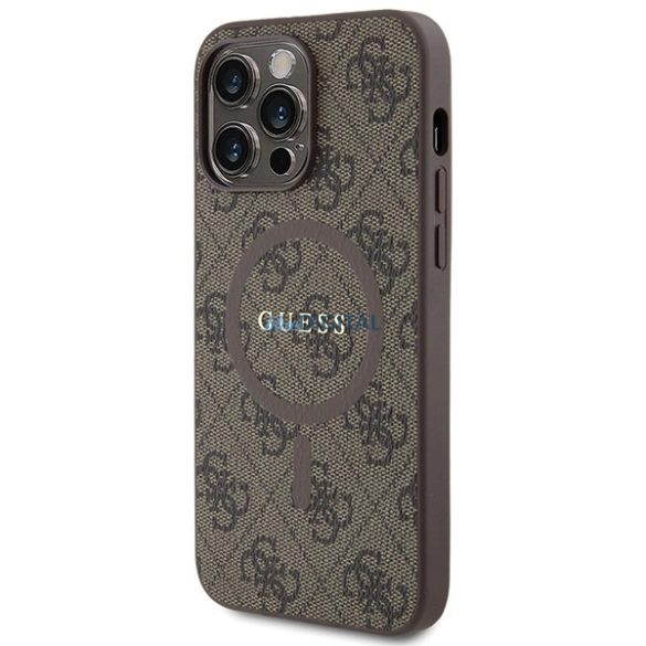 Guess 4G Collection bőr fém logós MagSafe tok iPhone 14 Pro Max - Barna