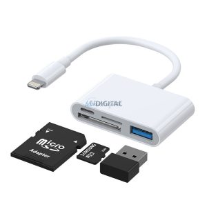 Joyroom adapter SD és TF kártyaolvasóval, USB OTG port és kábel Lightningcsatlakozóval fehér (S-H142) tok