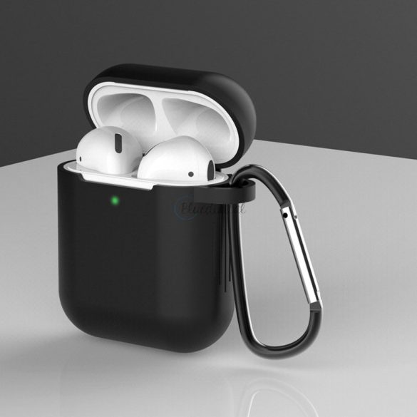 Airpods tok 2 / AirPods 1 Silicone Puha tok fejhallgatóhoz + Kulcstartó Carabiner medál fekete (D)