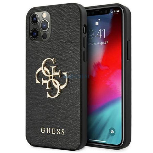 Guess GUHCP12MSA4GGBK iPhone 12/12 Pro 6,1" fekete Saffiano 4G fém logós keménytok