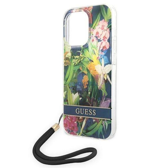 Guess GUOHCP14LHFLSB iPhone 14 Pro 6,1" kék virágos keménytok szíjjal