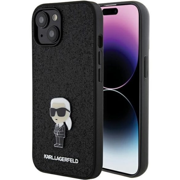 Karl Lagerfeld KLHCP15SGKNPSK iPhone 15 6.1" fekete keménytok Fix Glitter ikonikus Logo fém kitűzővel