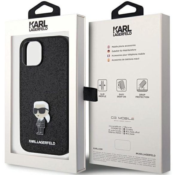 Karl Lagerfeld KLHCP15SGKNPSK iPhone 15 6.1" fekete keménytok Fix Glitter ikonikus Logo fém kitűzővel