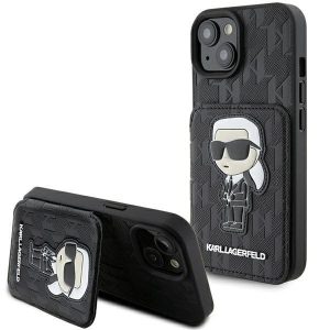 Karl Lagerfeld KLHCP15SSAKKNSCK iPhone 15 6.1" fekete keménytok Saffiano kártyatartóval és támasztóval monogram ikonikus