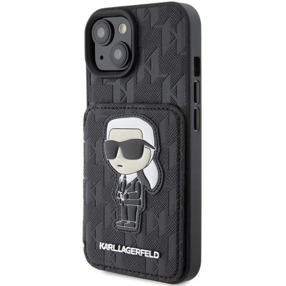 Karl Lagerfeld KLHCP15SSAKKNSCK iPhone 15 6.1" fekete keménytok Saffiano kártyatartóval és támasztóval monogram ikonikus