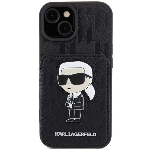 Karl Lagerfeld KLHCP15SSAKKNSCK iPhone 15 6.1" fekete keménytok Saffiano kártyatartóval és támasztóval monogram ikonikus