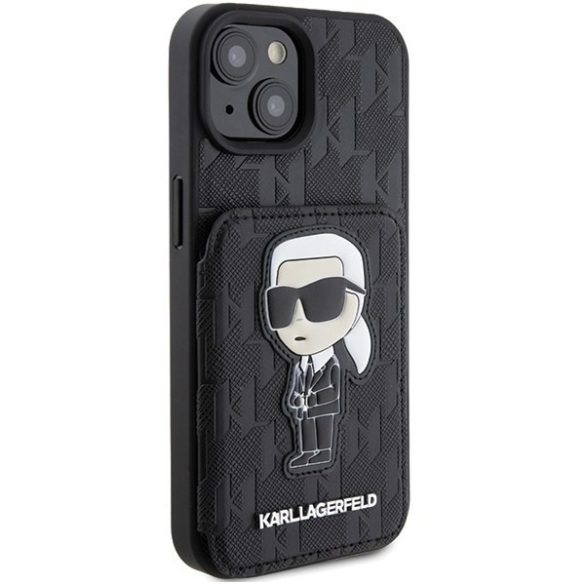 Karl Lagerfeld KLHCP15SSAKKNSCK iPhone 15 6.1" fekete keménytok Saffiano kártyatartóval és támasztóval monogram ikonikus