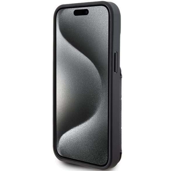 Karl Lagerfeld KLHCP15SSAKKNSCK iPhone 15 6.1" fekete keménytok Saffiano kártyatartóval és támasztóval monogram ikonikus