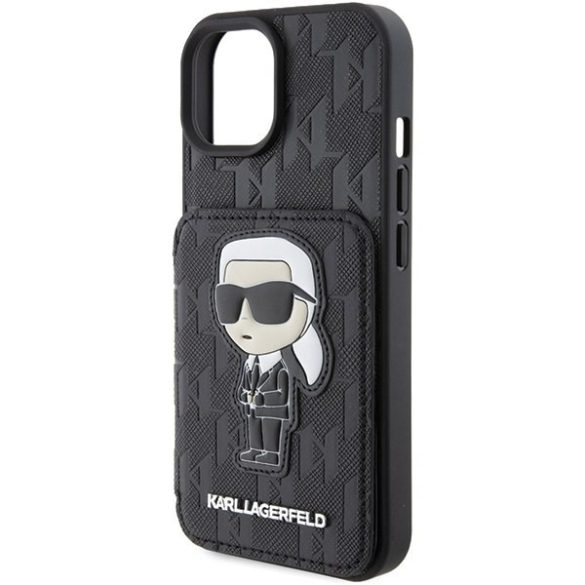 Karl Lagerfeld KLHCP15SSAKKNSCK iPhone 15 6.1" fekete keménytok Saffiano kártyatartóval és támasztóval monogram ikonikus