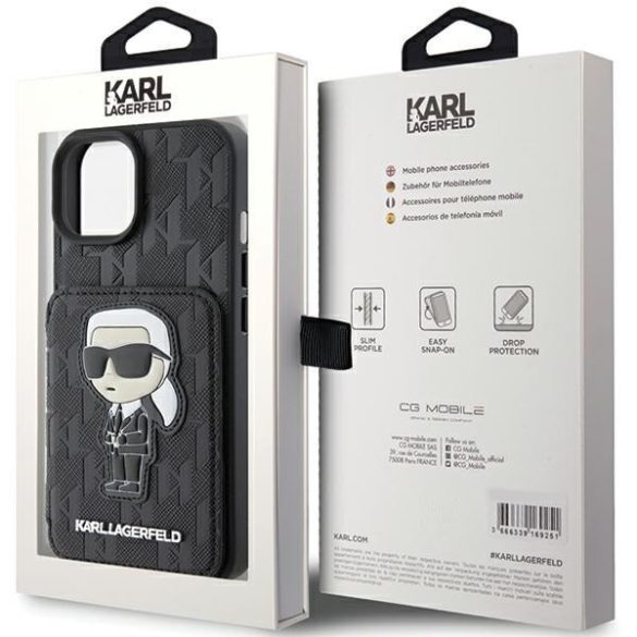 Karl Lagerfeld KLHCP15SSAKKNSCK iPhone 15 6.1" fekete keménytok Saffiano kártyatartóval és támasztóval monogram ikonikus