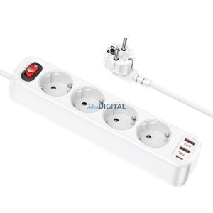 HOCO Power Strip 4 bites hosszabbító kábel aljzat + 2 x USB QC3.0 18W + Type-C PD 20W Aura NS1 fehér