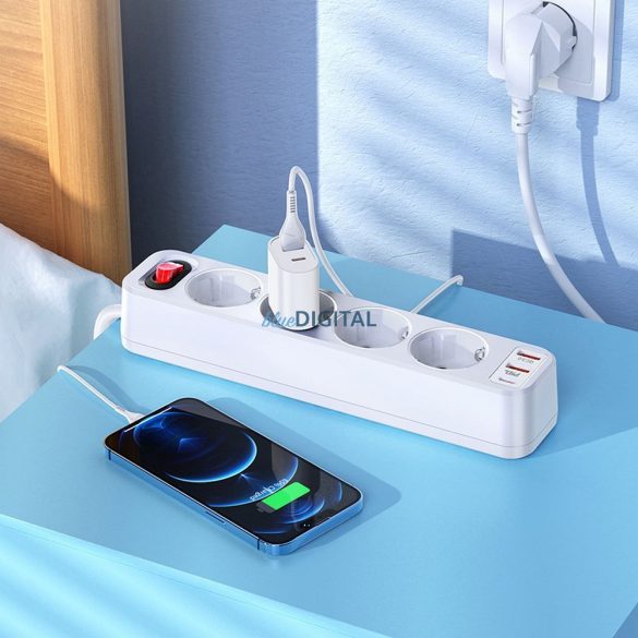 HOCO Power Strip 4 bites hosszabbító kábel aljzat + 2 x USB QC3.0 18W + Type-C PD 20W Aura NS1 fehér