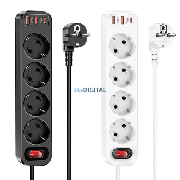 HOCO Power Strip 4 bites hosszabbító kábel aljzat + 2 x USB QC3.0 18W + Type-C PD 20W Aura NS1 fehér