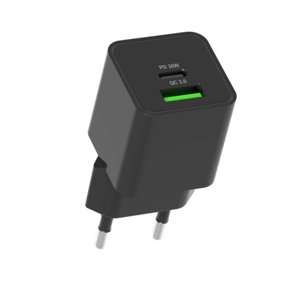 Hálózati töltő adapter PD 30W / QC3.0 18W, Fekete