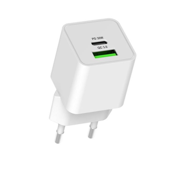 Hálózati töltő adapter PD 30W / QC3.0 18W, Fehér