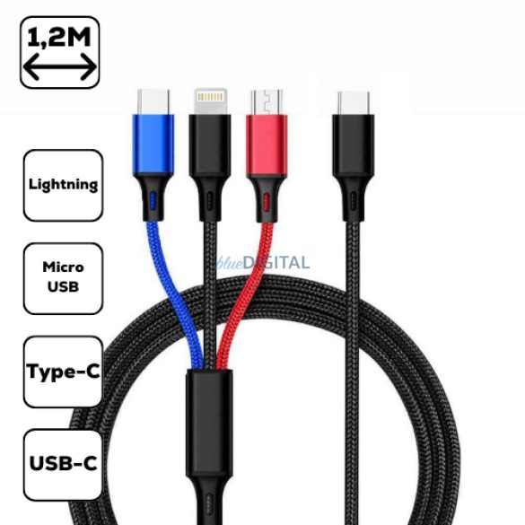 3-in-1 töltőkábel,micro USB+Type-c+lightning,1.2 m