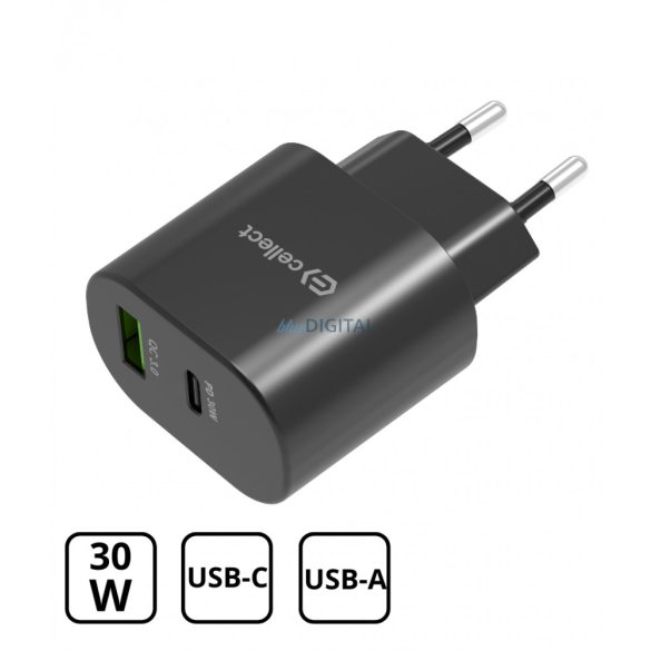 Hálózati töltő adapter PD30W/QC3.0 18W, Fekete