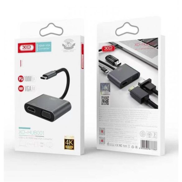 XO 4in1 Type-C to HDMI/VGA/USB3.0/adatkábel, Ezüst