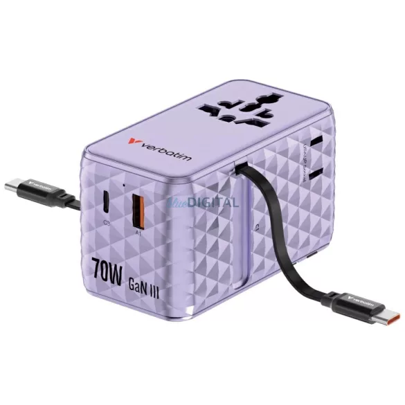 Verbatim Travel Adapter EU/UK/US GaN   1xUSB-C/1xUSB-A/2xUSB-C PD 70W purple 30188