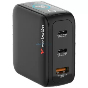 Verbatim Mini GaN mains charger 100W 2xUSB-C PD/1x USB-A QC EU/UK/USA adapter black 30239
