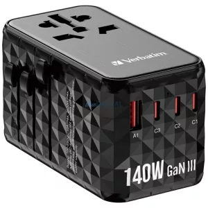 Verbatim Travel Adapter EU/UK/US GaN USB-A/3xUSB-C PD 140W UTA-10 black 32125