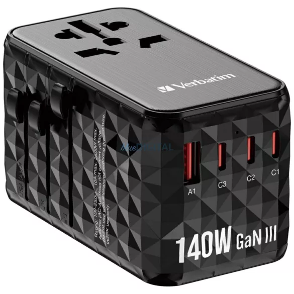 Verbatim Travel Adapter EU/UK/US GaN USB-A/3xUSB-C PD 140W UTA-10 black 32125