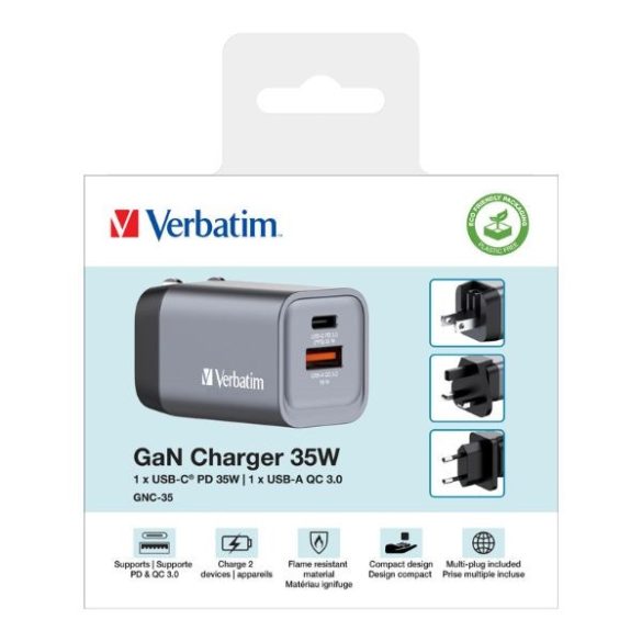 Verbatim GNC-35 utazó adapter EU/UK/US USB-C/USB-A GaN 35W