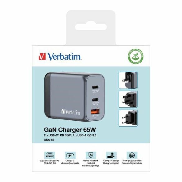 Verbatim GNC-65 utazó adapter EU/UK/US 2xUSB-C/USB-A GaN 65W