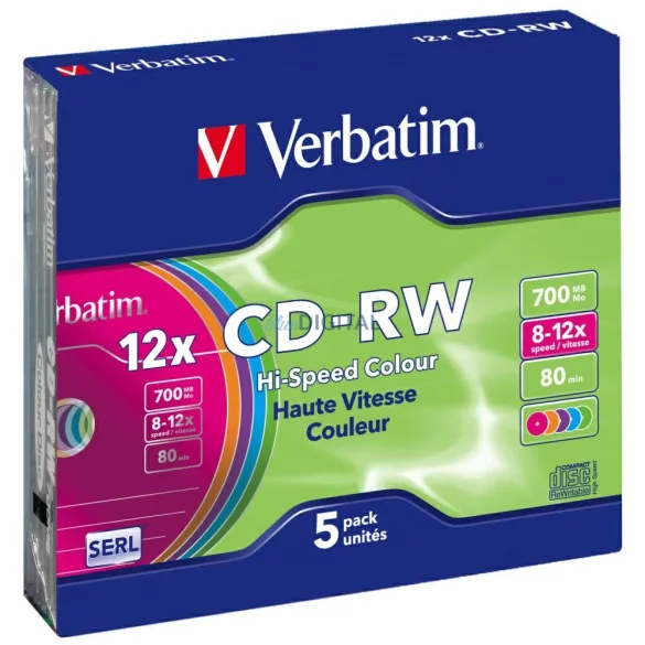 Verbatim COLOUR SL CD-RW lemez 700MB 8-12X 5 db többszínű (43167)