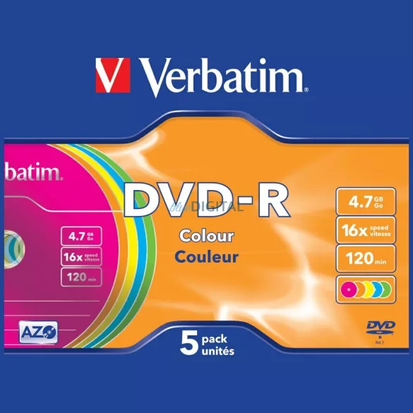 Verbatim COLOUR SLIM DVD-R lemez 4.7GB 16X 5 db többszínű (43557)